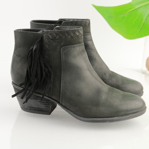 Clarks Womens Gelata Flora Boot Size 6.5 Black Leather Fringe Block Heel Bootie - Picture 7 of 11